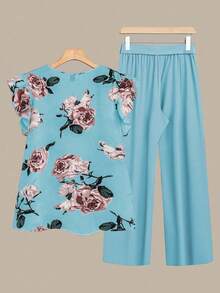 EMERY ROSE 2pcs Women Casual Floral Print Cap Sleeve Blouse And Straight Leg Pants Set, Spring/Summer Blouse And Pants Set 2 Piece Sets Woman Summer Summer Pant Set Pants And Top Set - Blue - View 2