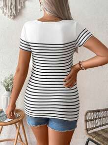 SHEIN Maternity Casual Striped Short Sleeve Fitted Nursing T-Shirt, Summer - Multicolor - View 2