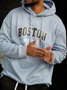 Heavens Edit Men's Boston Letter Print Casual Hoodie Sweatshirt, Back To School, Autumn/Winter, Long Sleeve Top - Baby Blue - View 5