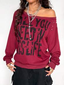 StreetHx Áo sweatshirt dài tay nữ màu xám, vai lệch, kiểu dáng sinh viên, in họa tiết Anh Quốc bạc màu, đính đinh tán, phong cách punk Y2K cá tính. - Đỏ - Xem 6