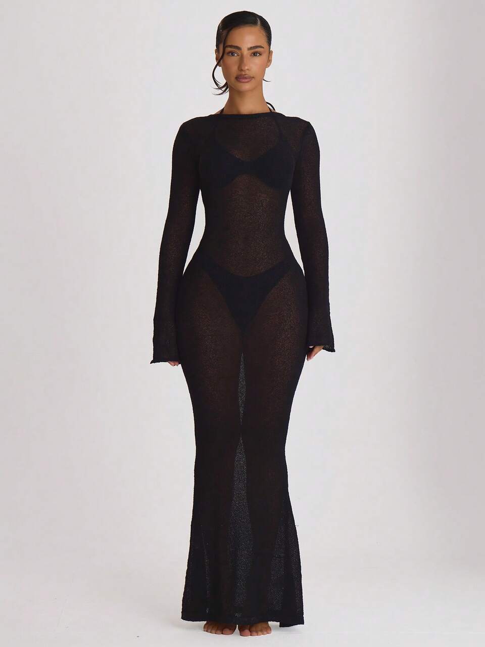 Black Maxi Scoop Back Knit Cover Up Dress