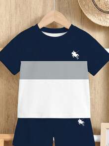 SHEIN 两件套经典时尚休闲男童圆领短袖T恤和短裤，春夏套装 - 彩色 - 查看 4