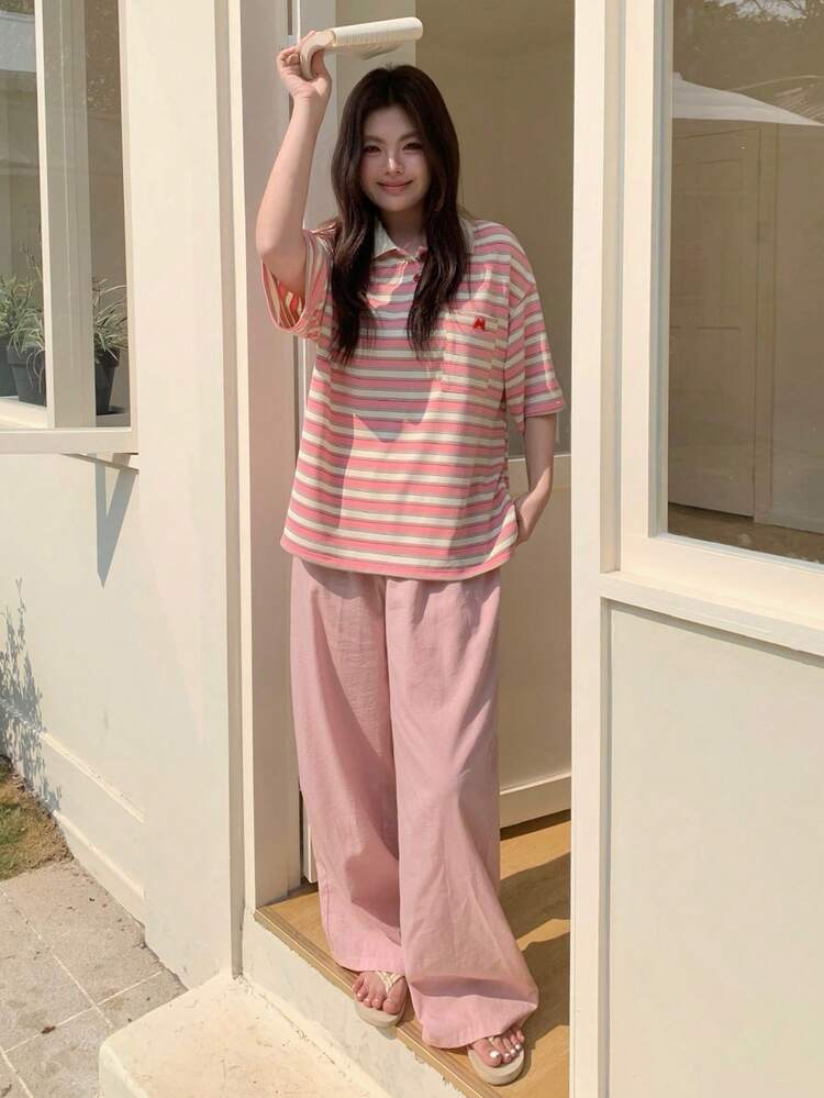 Dazy Plus 大码舒适条纹落肩短袖上衣和裤子睡衣套装，夏季 - 粉色 - 查看 7