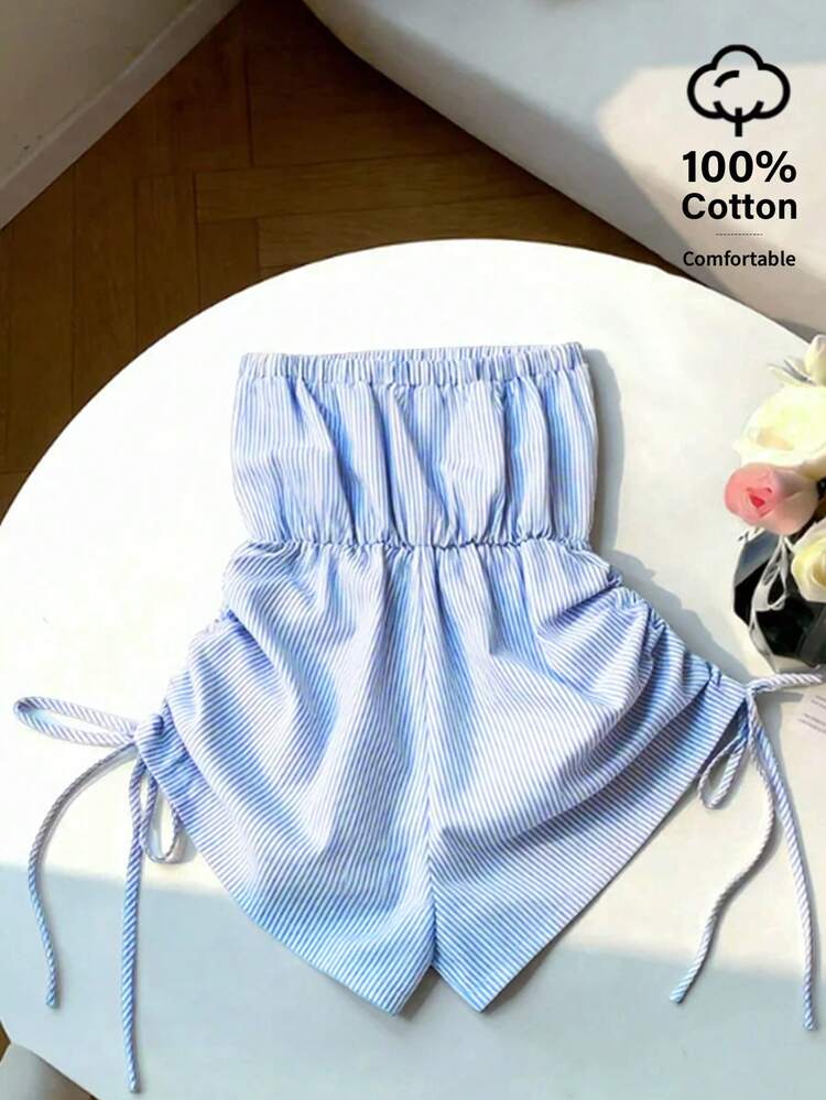 GlowEve Women's Casual Striped Tube Top With Side Drawstring Romper - Blue and White - View 2