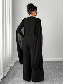 Elenzga بدلة كاجوال طويلة سوداء للسيدات البدينات، بتصميم أنيق بسيط بياقة على شكل حرف V من الشيفون، بأكمام خفافيش واسعة وخصر مربوط لإنحاف الخصر - الأسود - مشاهدة 2