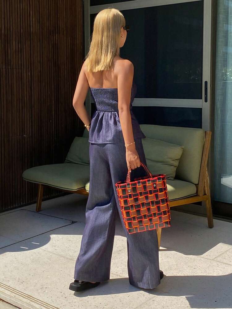 2pcs Women Elegant Solid Color Fitted Tube Top & Wide Leg Pants Vacation Suit, Spring/Summer