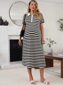 SHEIN 孕妇夏季休闲通勤黑白条纹印花Polo领连衣裙 - 黑與白 - 查看 3