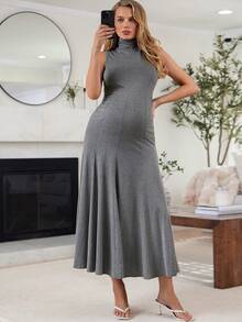 SHEIN Vestido casual de uso diario para salidas y reuniones, de unicolor y cuello alto, para embarazadas - Gris - Ver 7