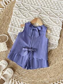 SHEIN 女宝宝度假可爱休闲蓝色蝴蝶结吊带背心和松紧腰短裤套装 - 彩色 - 查看 6