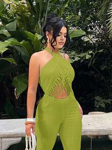 SHEIN SXY Solid Color Sleeveless Fashionable Hollow Out Halter Textured Fringe Jumpsuit - Green - View 3