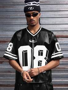 AXEPEAK Men's Numeric Print V-Neck Short Sleeve Casual Loose T-Shirt - Black - View 5