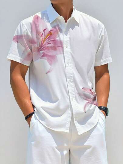 Manfinity Chillmode Cămașă bărbătească de vară, casual, cu imprimeu floral, cu nasturi în față, cu mânecă scurtă