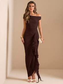 SHEIN BAE Đầm màu trơn thanh lịch màu xanh lá cây và xanh rêu nhạt, tay áo xếp ly, vạt bất đối xứng, xẻ cao, vai nhún bèo. Đầm ôm sát bằng ren sang trọng dành cho nữ, thích hợp dự tiệc, hẹn hò lãng mạn, đầm ngắn cho phù dâu, đầm dạ hội, đầm ngắn sinh nhật. - Cà phê nâu - Xem 5