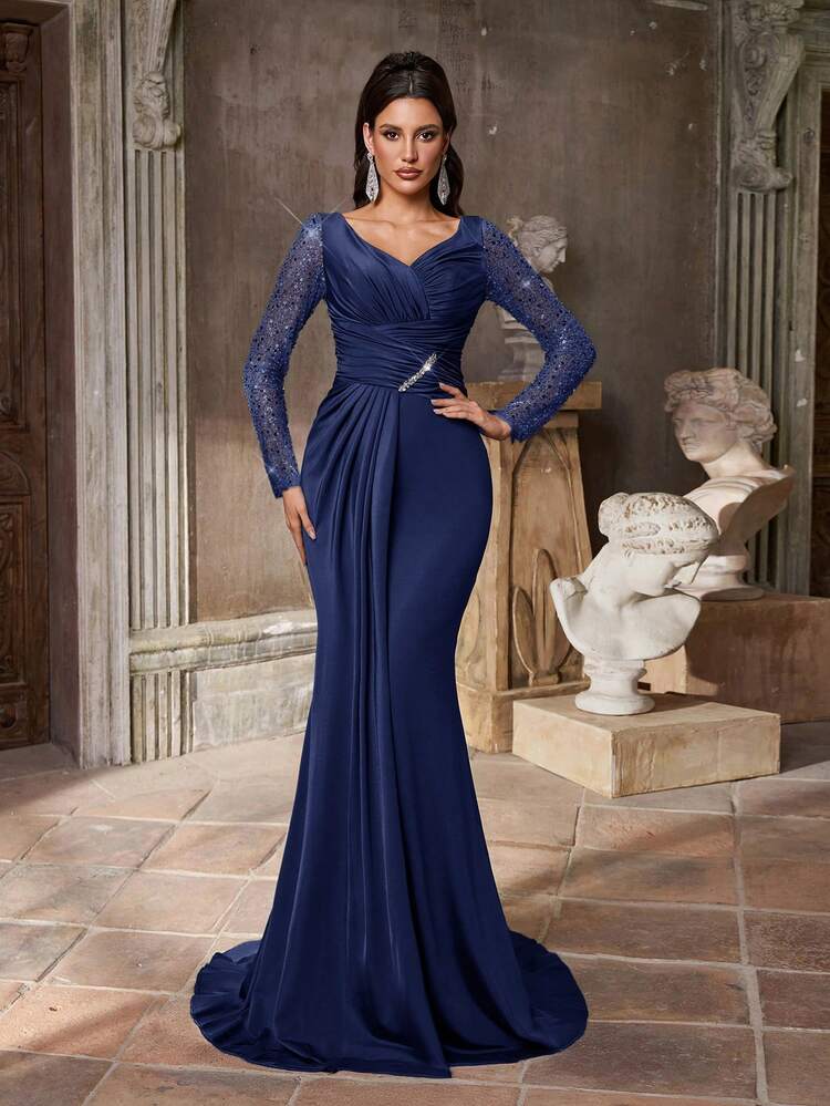 Aureia Elegante y lujoso traje de baño decorativo con parches de botones, perlas y lentejuelas, manga transparente de punto, falda de sirena fruncida, adecuado para boda, fiesta, vacaciones, vestido de gala (con mucho bordado) - Azul Marino - Añade 5