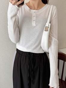 FRIFUL Women's Solid Color Round Neck Half-Zip Textured Fabric Cuff Trim Fitted Spring T-Shirt - White - View 4