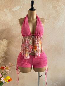 Soleia 两件套女士度假露背系带紧身上衣和低腰褶皱抽绳短裤，性感时尚套装，适合派对、约会、下午茶、嘉年华、海滩等场合。 - 粉色 - 查看 7