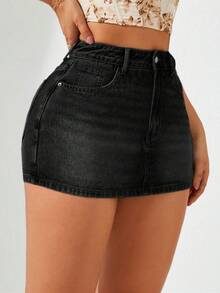 Breezaya Summer Casual Slim Fit Mini Denim Skirt - Black - View 5