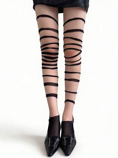 ROMWE Anime 1 Pair Of Spice Girl Personalized Ripped Striped Women's Stockings Bottoming Pantyhose