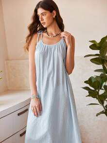 Bohemian Casual Vacation Jacquard Cotton Tie-Up Spaghetti Strap A-Line Loose Women Homewear Dress - Baby Blue - View 5