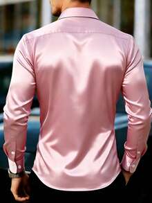 Manfinity Mode 男士優雅灰粉色緞面絲綢襯衫，夏季正式婚禮禮服襯衫，紋理長袖休閒商務上衣，適用於半正式場合、禮物、典禮 - 粉色 - 查看 2