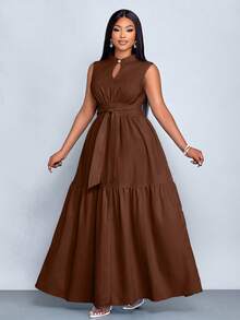 SOLERSUN 加大码蓝色立领前开襟无袖束腰系带连衣裙女式优雅休闲时尚通勤外出连衣裙夏季新款女装 - 咖啡棕 - 查看 6