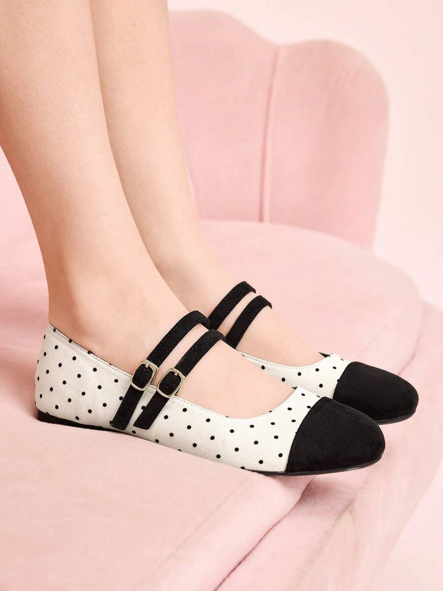 CUCCOO DOLLMOD Spring And Autumn New Retro Round Toe Yellow Suede Ballet Dance Shoes Women's Ballet Gentle Fashion Women's Low Vamp Flat Bottom Shoes Women's Polka Dot Mary Jane Valentine's Day - Polka dot - View 1