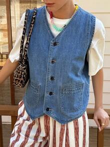 Livesso 女士纯棉蓝色无袖V领休闲牛仔衬衫，夏季 - 藍色 - 查看 6