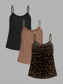 SHEIN EZwear 3件套加大码豹纹休闲简约吊带背心，适合音乐节 - 彩色 - 查看 2