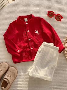 SHEIN 2pcs/Set Baby Boy Baby Boy Spring/Summer Fashion Casual Red Long Sleeve Woven Shirt And White Shorts Outfit Baby Boy Burgundy Clothes Baby Boy Red Shirt - Burgundy - View 3