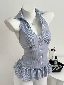 Elamini Blusa de mujer con cuello con volantes, diseño creativo - Azul - Ver 1