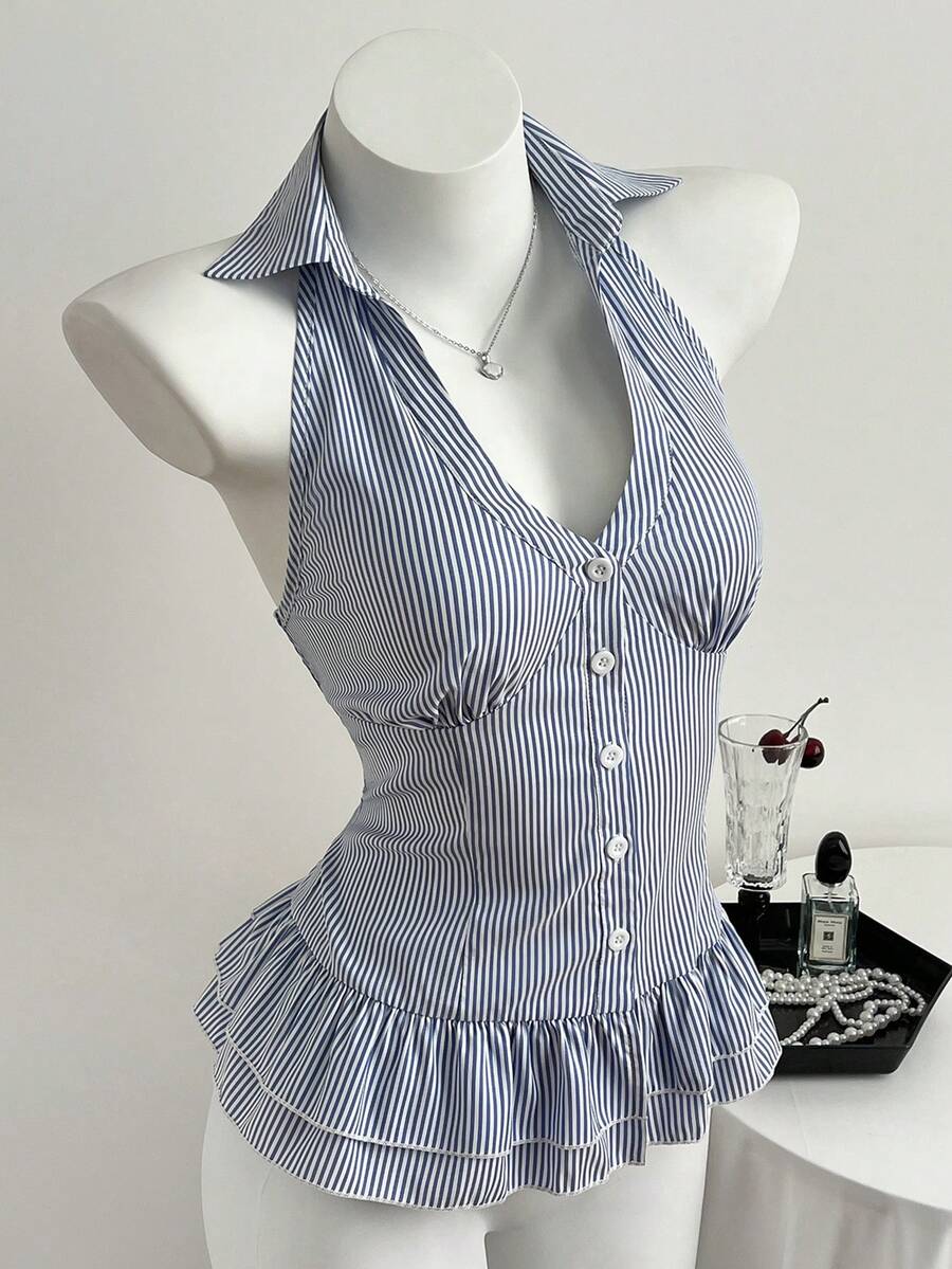 Elamini Blusa de mujer con cuello con volantes, diseño creativo - Azul - Ver 1