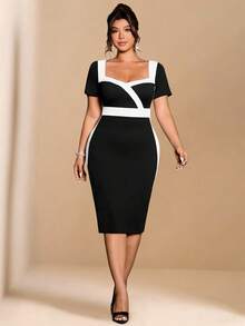 Elenzga 大码女式撞色短袖修身连衣裙，优雅大方，适合通勤和户外活动穿着。 - 黑與白 - 查看 6