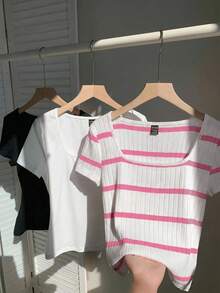 Comfortcana 3件套女士基础款圆领短袖T恤，黑白配色 - 粉色 - 查看 5