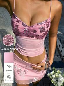 FavEase 女士亮片拼接针织弹力面料吊带背心，休闲及节日服饰 - 粉色 - 查看 7