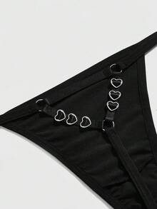 ROMWE 1pc Gothic Style Narrow Waist Round Ring Heart Buckle Thong Panty - Black - View 1