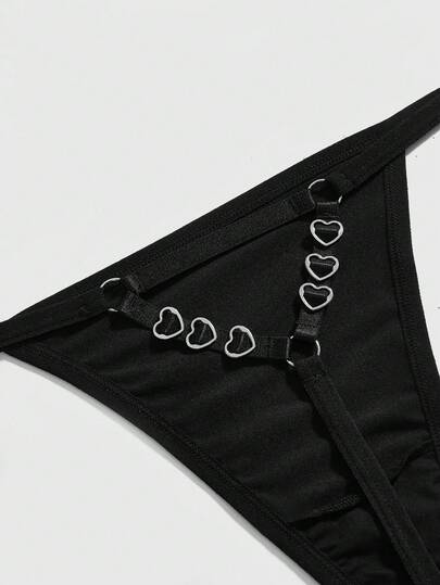 ROMWE 1pc Gothic Style Narrow Waist Round Ring Heart Buckle Thong Panty