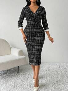 SHEIN Lady Women's Elegant Wrap Surplice Neckline Fitted Split Midi Dress - Multicolor - View 6