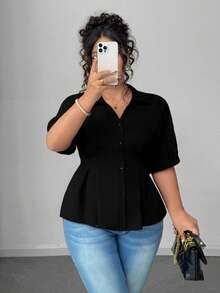 SHEIN CURVE+ 大码女式纯色简约时尚通勤收腰短袖衬衫，春夏款 - 黑色 - 查看 6