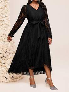 Fleurora Vestido de encaje de unicolor elegante talla grande, adecuado para fiestas - Negro - Ver 4