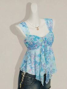 SHEIN ICON 女士碎花不对称下摆可爱碎花衬衫，甜美夏秋上衣女装 - 藍色 - 查看 8