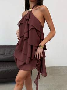 Aloruh 女士甜美多层荷叶边露背系带露脐迷你连衣裙 - 咖啡 - 查看 6