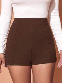 SHEIN Essnce Quần short nữ dáng ôm, màu trơn, thiết kế khóa kéo bên hông, kiểu dáng thường ngày. - Cà phê nâu - Xem 4