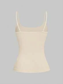 SHEIN Essnce 女士三件套休闲吊带背心套装，黑色条纹混色休闲女式上衣，修身吊带背心，夏季上衣，夏季服装，女士上衣，夏季女士上衣，三件套修身休闲纯色上衣 - 杏色 - 查看 8