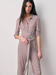 Nöista Printed Jumpsuit Features Long Sleeves, A Classic Shirt Collar With Front Buttons, A Fittedwaist With A Self-Tie Belt, And A Wide-Leg Silhouette For A Flattering. Spring, Summer, Total Look, Women, - Brown - View 3