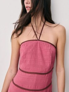 Nöista Strapless Dark Pink Dress, Off Shoulder, Textured Fabric With Tiered Bodice Details And A Flowing Shape. Summer, Events, And Weeding Occasions. - Dusty Pink - View 7