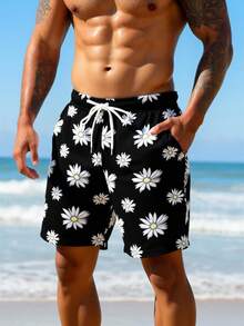 Manfinity Swimmode 男士雏菊印花抽绳腰带沙滩短裤 - 黑色 - 查看 3