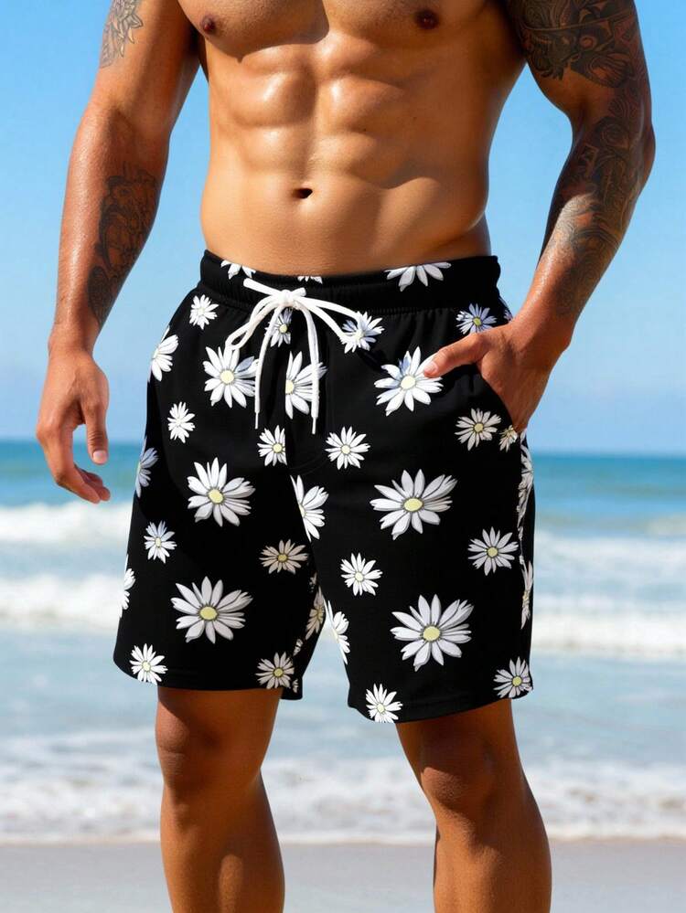 Manfinity Swimmode 男士雏菊印花抽绳腰带沙滩短裤 - 黑色 - 查看 3