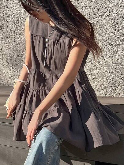 FRIFUL 女士纯色圆领荷叶边下摆休闲无袖衬衫