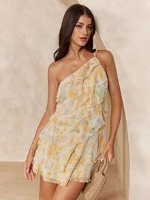 Enchnt Vestido mini con estampado floral elegante, con volantes en capas y espalda descubierta, estilo vacacional para mujer - Amarillo - Ver 1