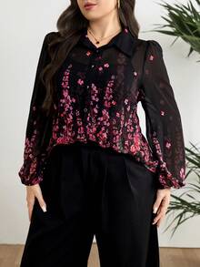 Modelyn Plus Size Floral Print Front Button Casual Long Sleeve Shirt - Multicolor - View 4